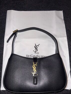 Yves Saint Laurent Black Leather Shoulder Bag with Gold YSL Emblem